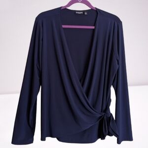 Citiknits Navy Blue Classic Faux Wrap Blouse V-neck Slinky Stretchy Nautical